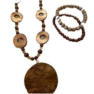 Earthy Boho Chic Pendant Necklace and Beaded Bracelet Set